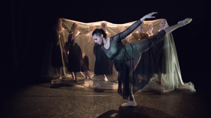 One student dancing with their arm back and leg stretched out while eight dancers are standing behind with a tulle sheet over their bodies. 