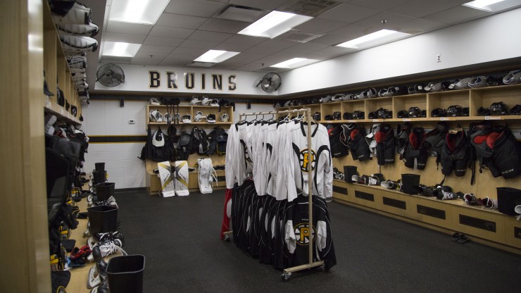 The inside of the Providence Bruins locker room located in the Dunkin Donuts Center.